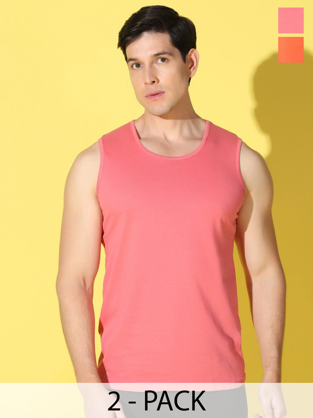 WOOSTRO Pack Of 2 Printed Combed Cotton Gym Vests -VWS26(PLAIN PEACH)(HARD ORANGE)