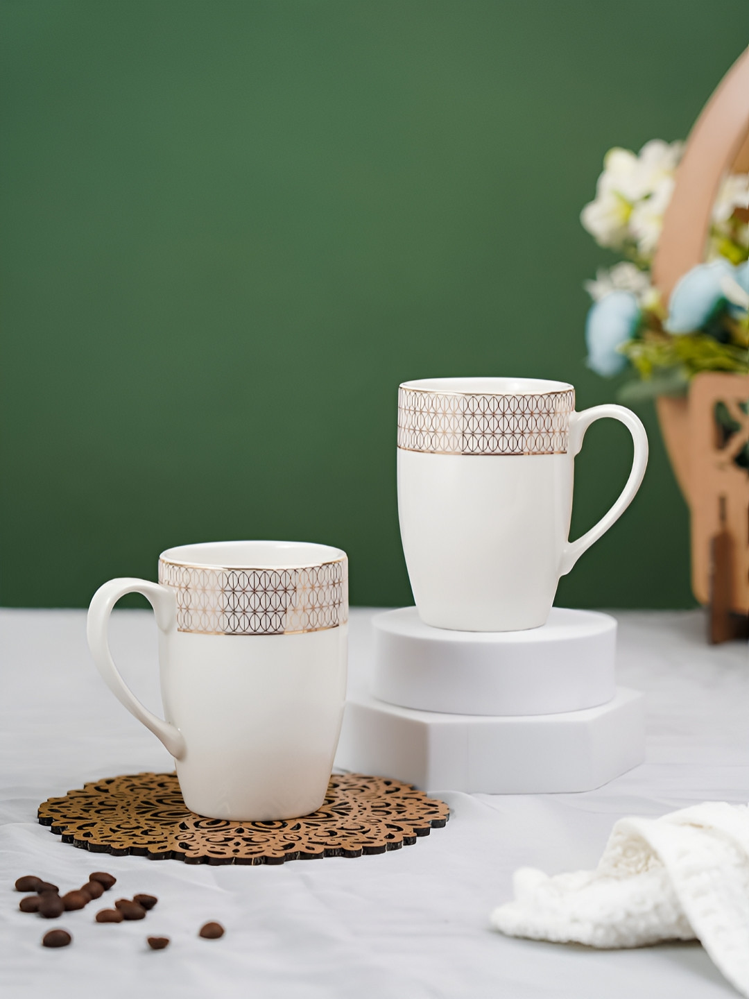 Vola Global LLP White Leaf Opalware Microwave Safe 2 Piece Mugs-230ml