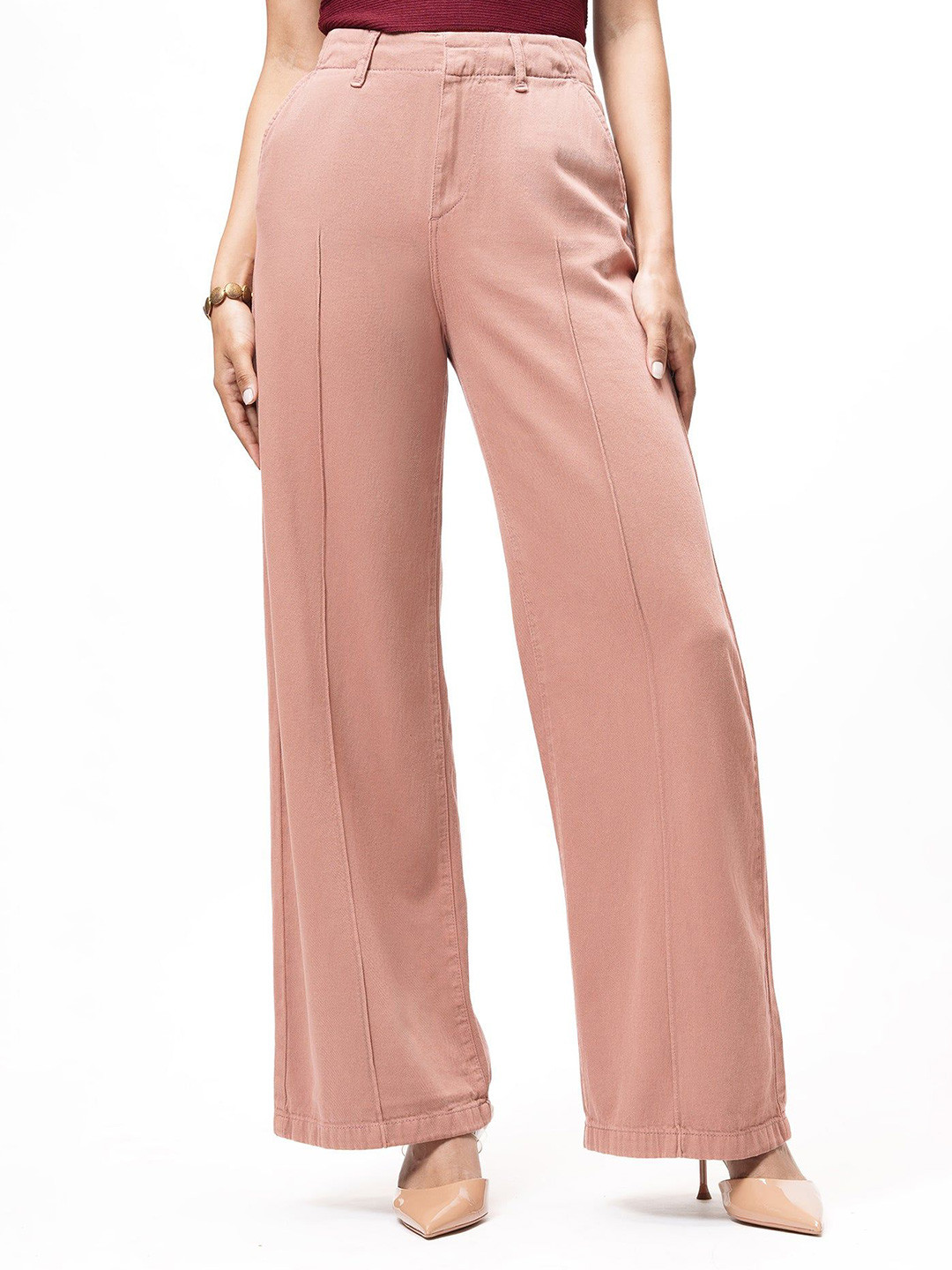 FREAKINS Women Dusty Rose Pintuck Denim Pants