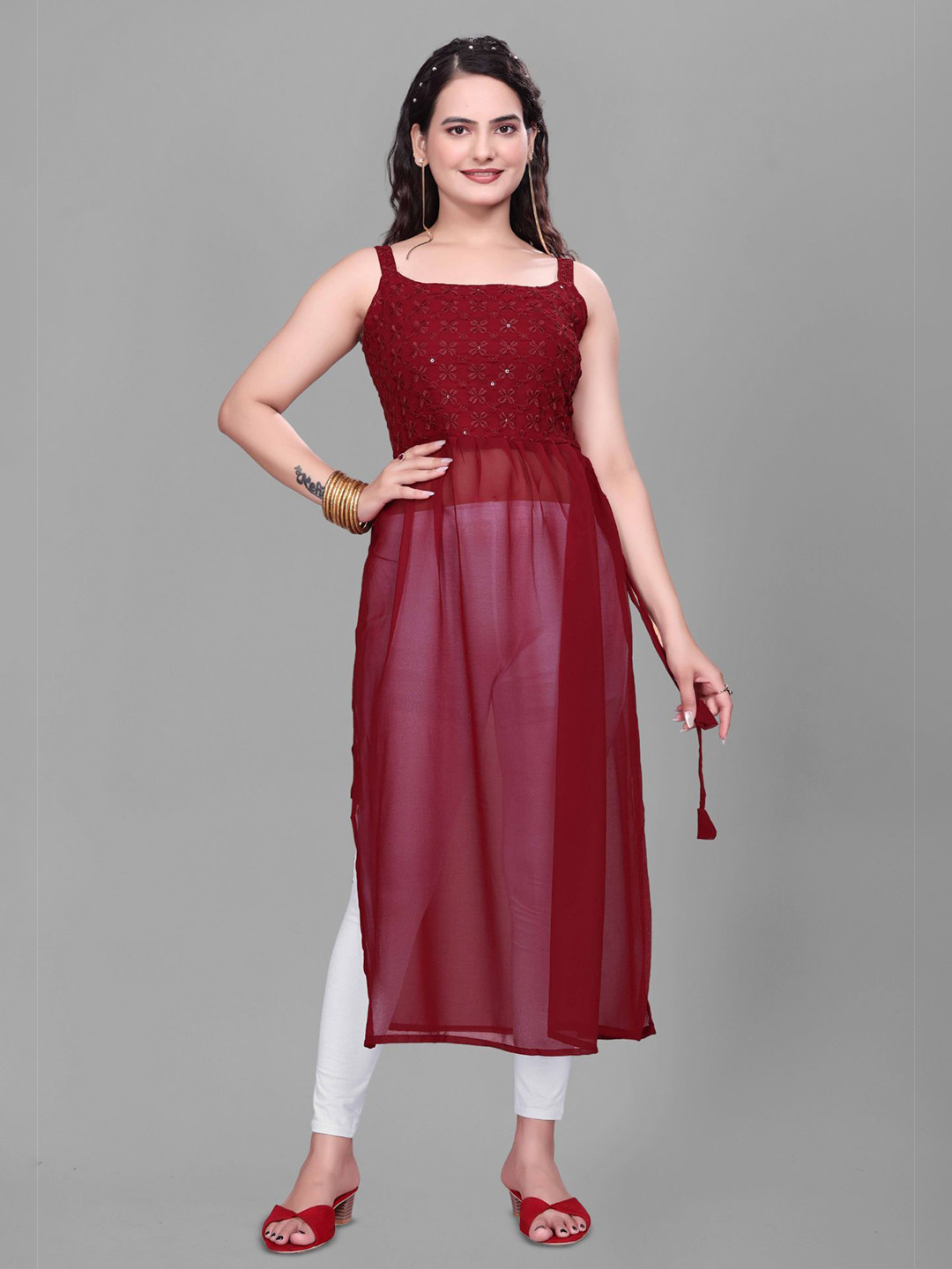 PARROT CREATION Floral Embroidered Shoulder Straps Sequinned Straight Kurta