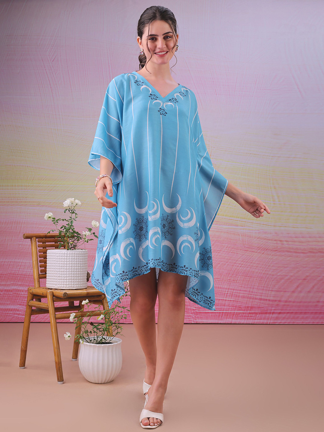 LABEL AARNA Moonlit Mist Muslin Cotton Short Kaftan Dress