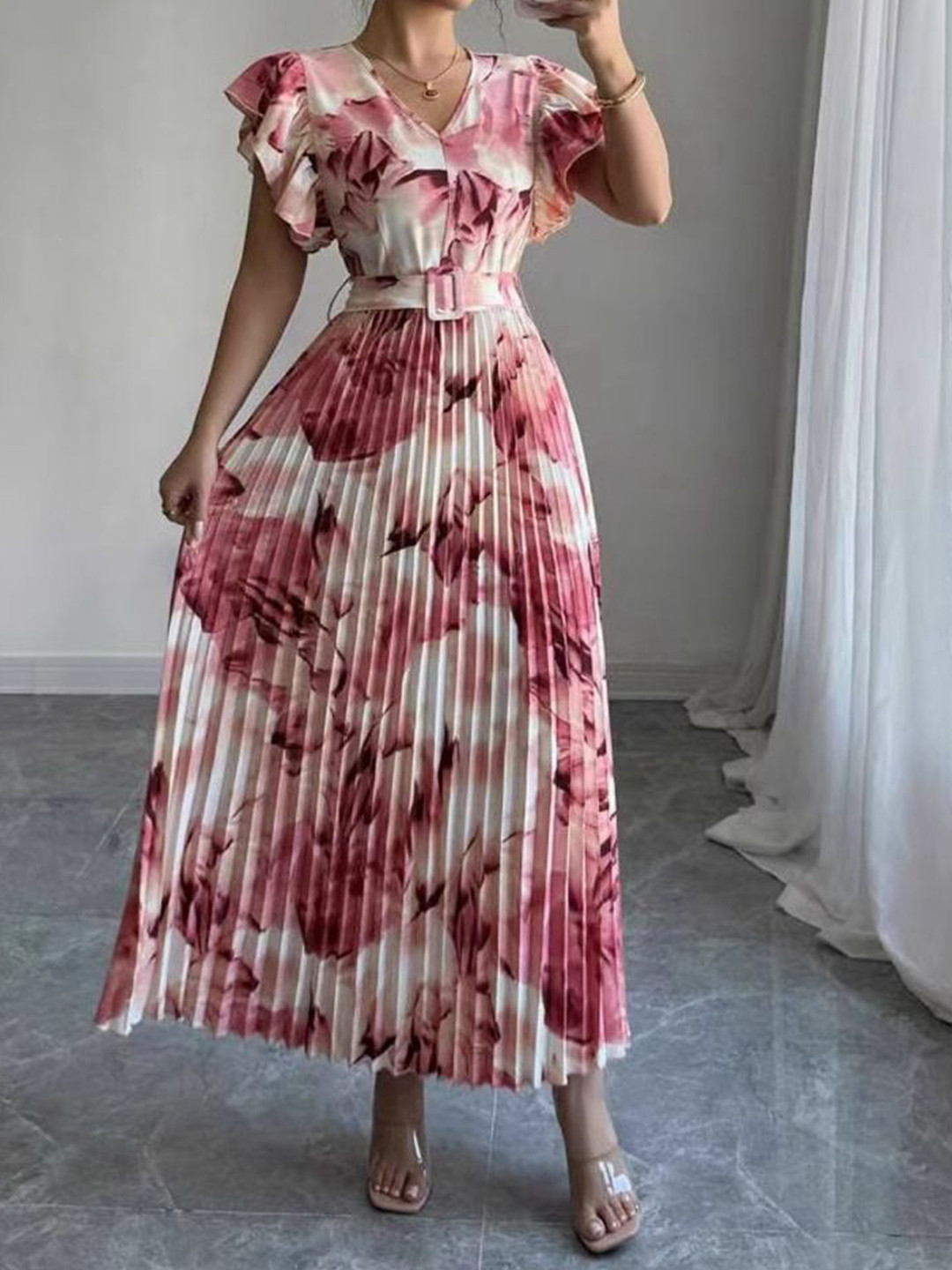 bebe Pink Abstract Floral Print V-Neck Flutter Sleeve Pleated Maxi Dress