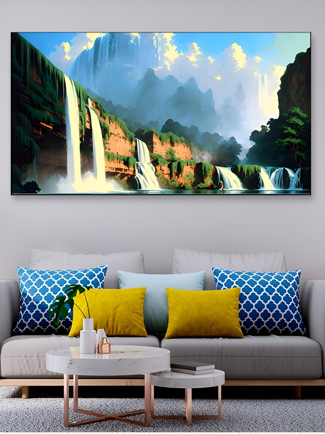 DEKORSTATION Blue & Green Waterfalls Printed Canvas Wall Art