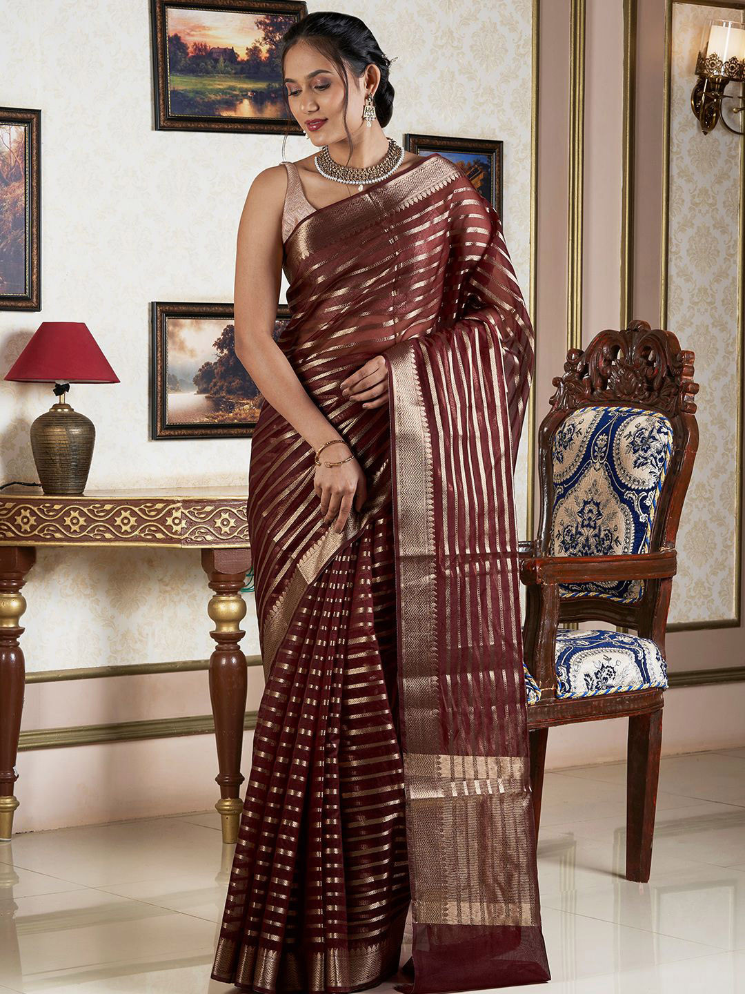 TEEJH Ruby Maroon Organza Lining Saree
