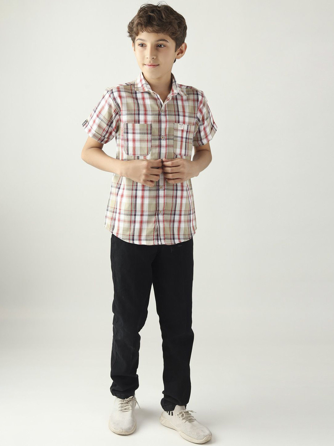 BEARSOUL Boy Tartan Checks Checked Cutaway Collar Slim Fit Cotton Casual Shirt