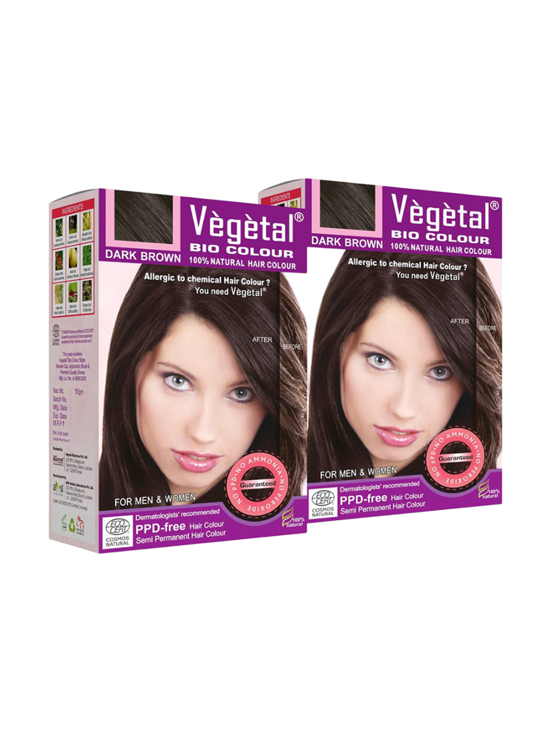 Vegetal Set Of 2 Bio Natural Hair Colour - 50 g Each - Dark Brown
