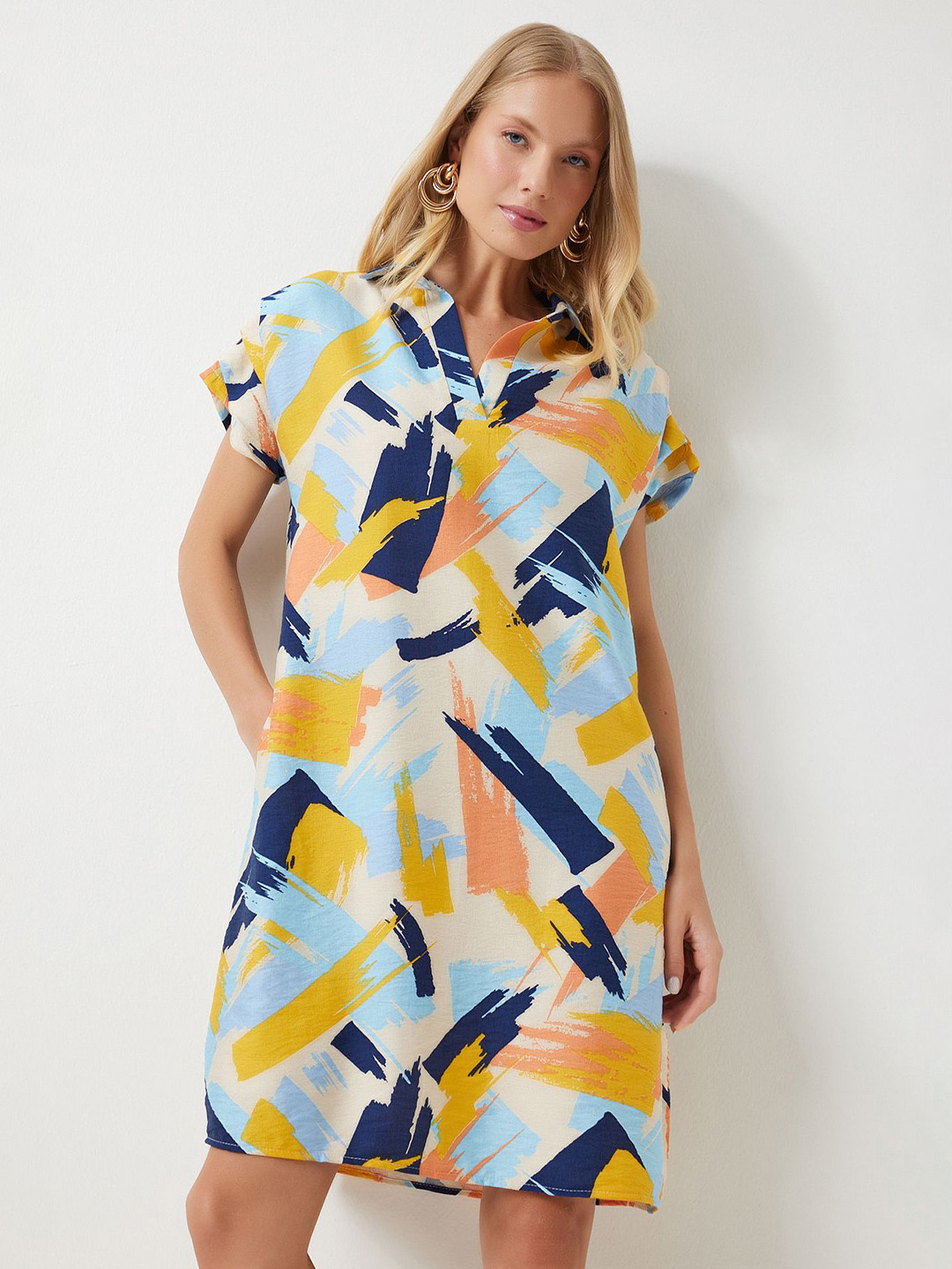 Happiness istanbul Women Abstract Print Linen A-Line Dress