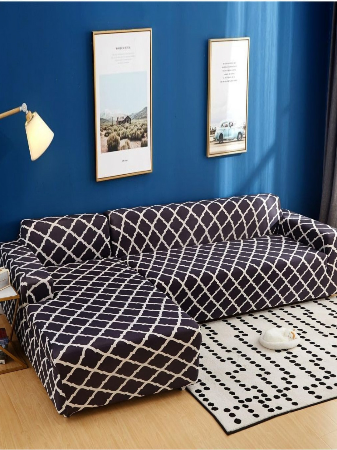 GIFTS ISLAND Black 2 Pieces Diamond Printed 3+3 Seater L-Shape Sofa Covers With Arms