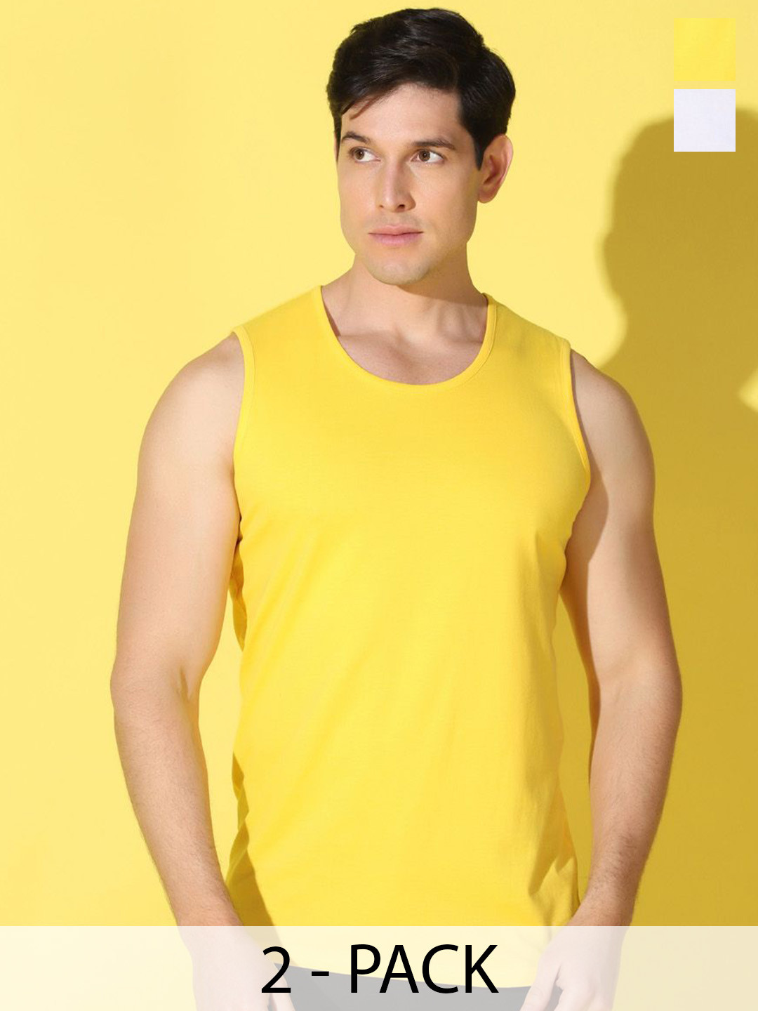 WOOSTRO Pack Of 2 Printed Combed Cotton Gym Vests VWS26(PLAIN YELLOW)(ENJOY WHITE)