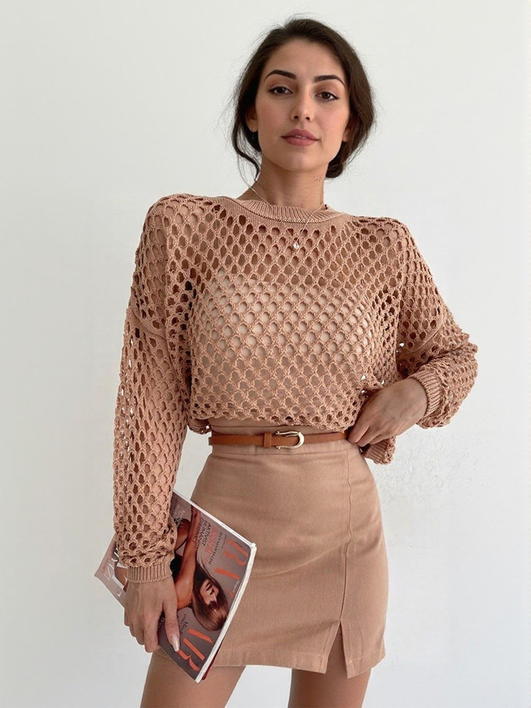 Outzidr Brown Crochet Top
