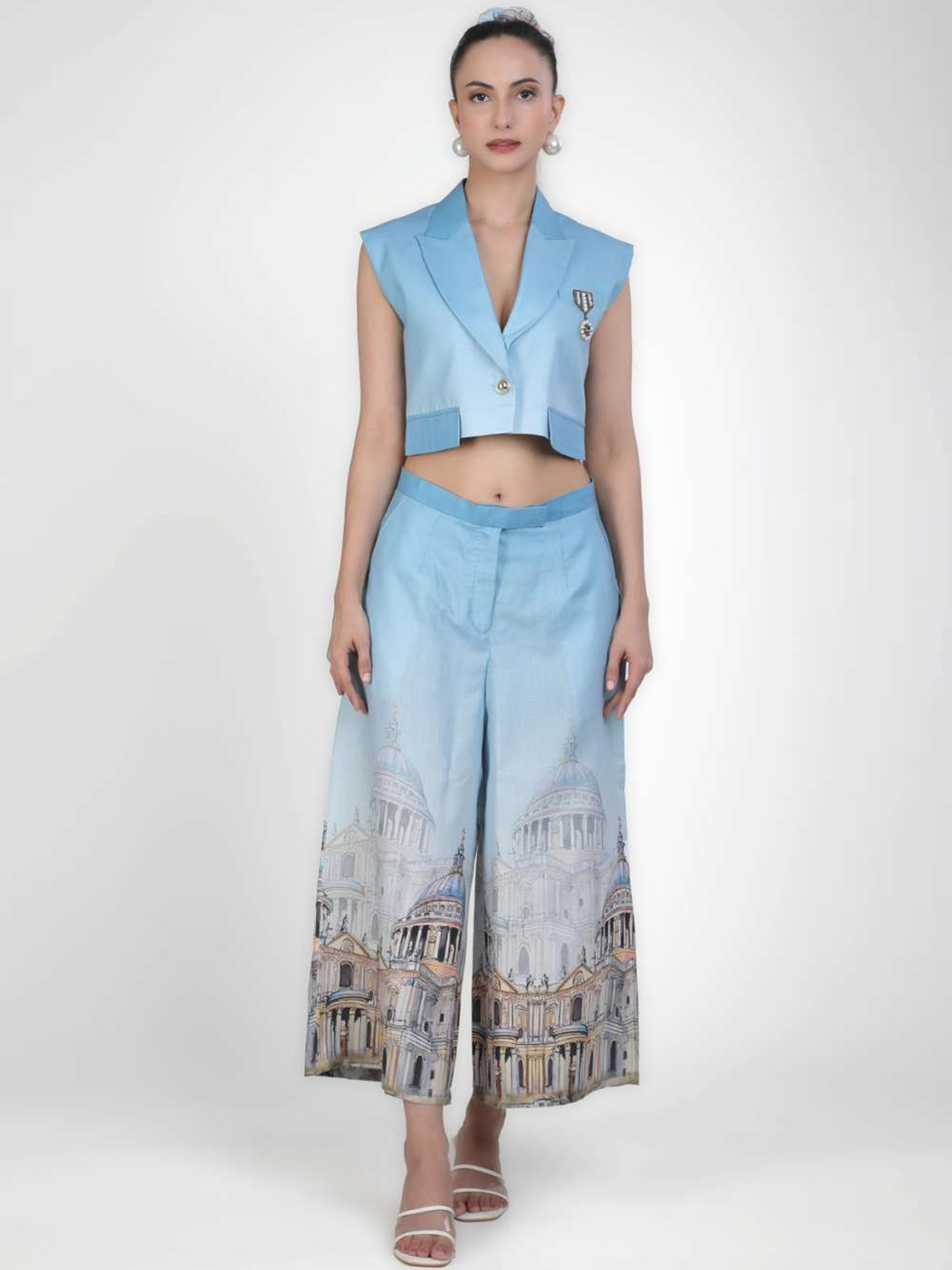 KOVET Digital Printed Linen Waistcoat & Flared Palazzo Co-Ord Set