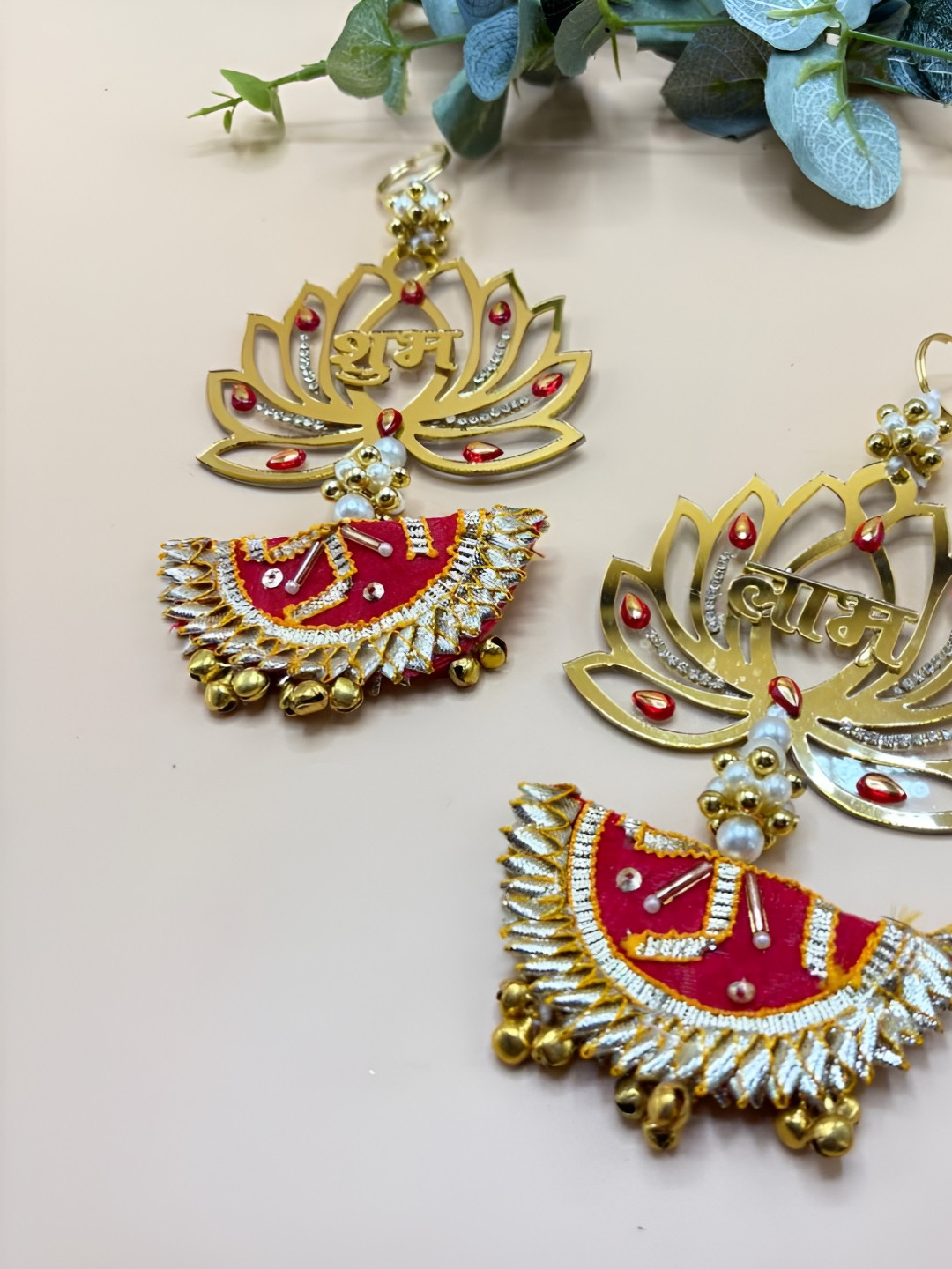 THE HOME CO. Acrylic Lotus Shubh Labh Fabric Floral Matte Hall 2Pcs Wall Hangings-6.5In