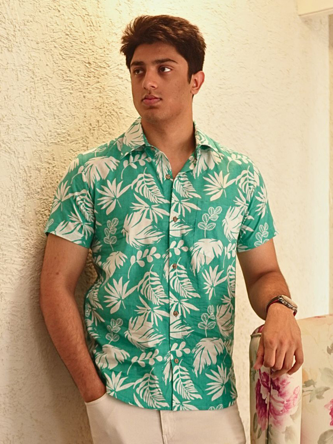 Spring Soul Floral Printed Spread Collar Straight Cotton Casual Shirt