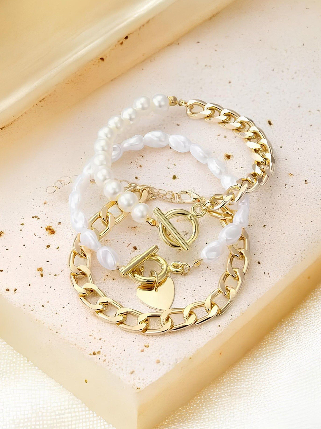 KARISHMA KREATIONS Set of 3 Gold-Plated Pearls Beaded Heart Shape Link Bracelets