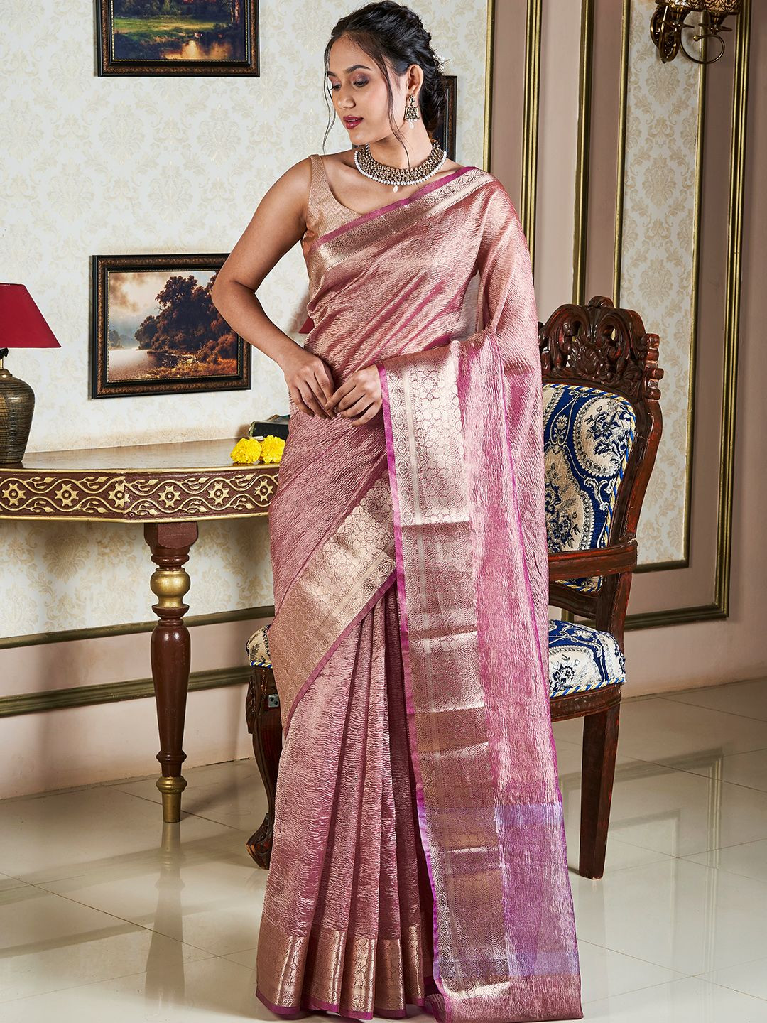 TEEJH Ayra Onion Pink Semi Crushed Tissue Silk Saree