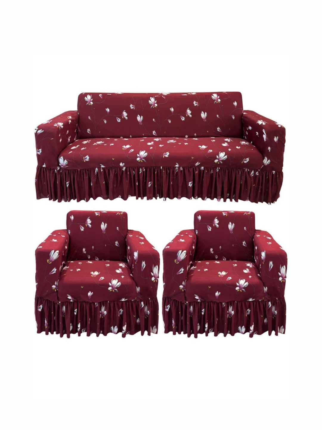 GIFTS ISLAND Maroon & Lavender Printed Polyester 3 Piece Sofa Cover With Arms