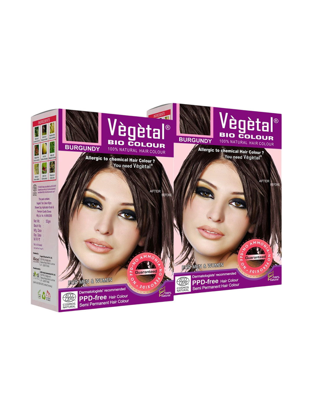 Vegetal Set Of 2 Bio Natural Hair Colour - 50 g Each - Burgundy