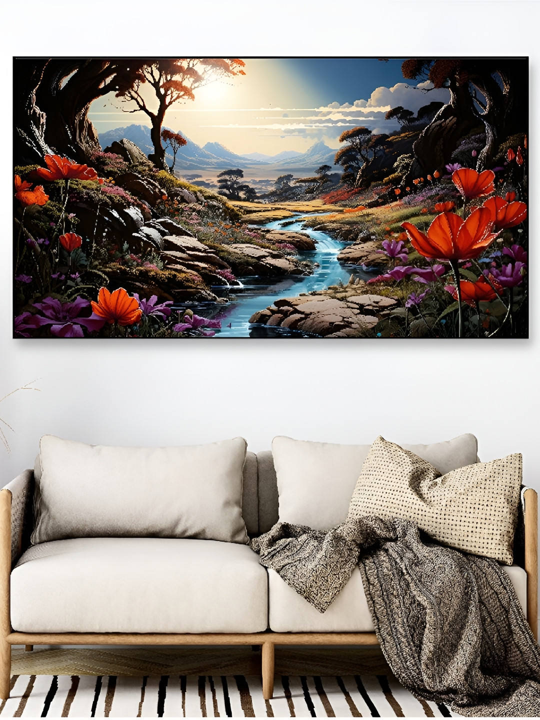 DEKORSTATION Red & Blue Floral & Botanical Printed Canvas Wall Art