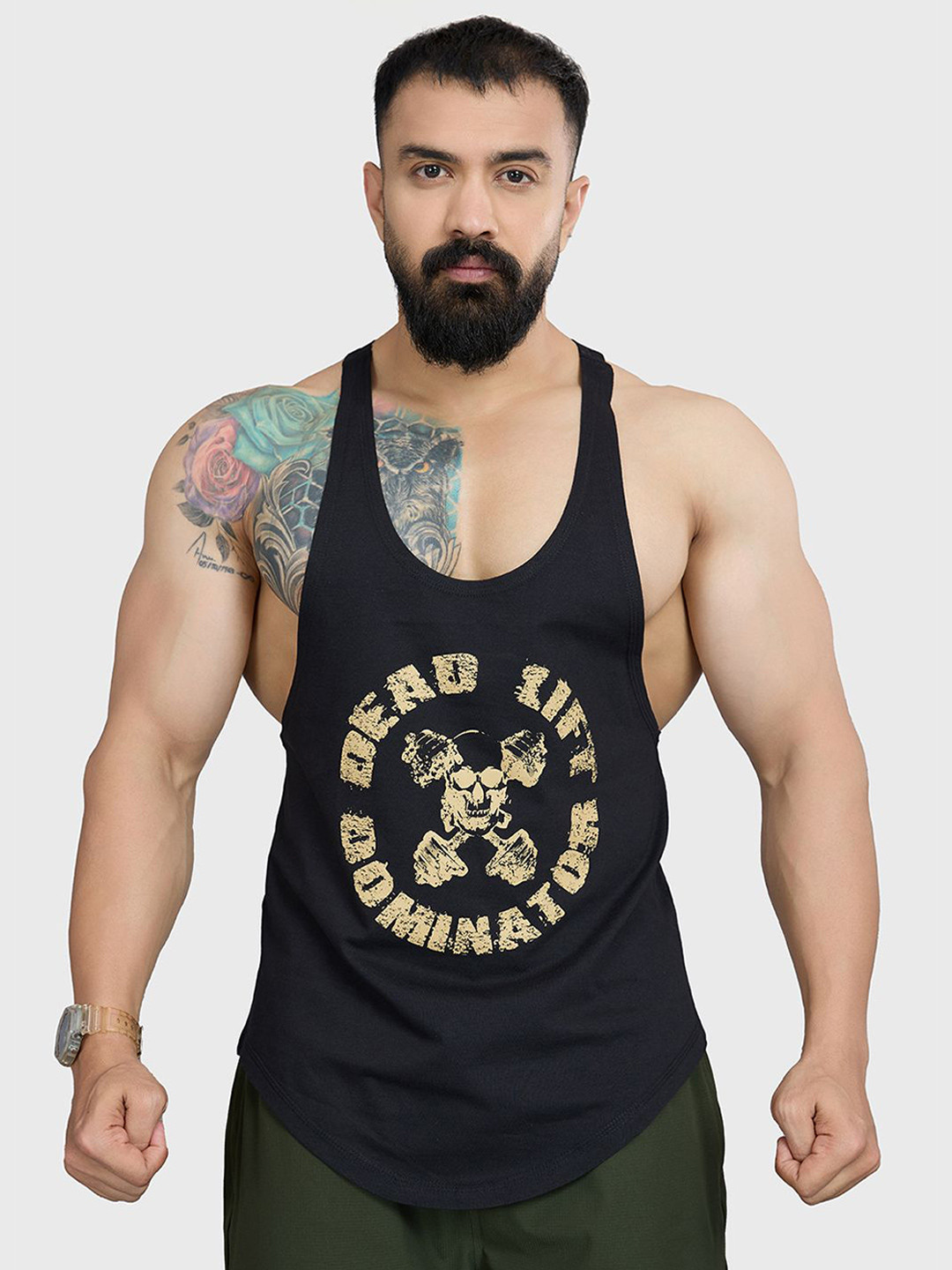 FUAARK Men Pure Cotton Gym & Workout Stringer Vest Deadlift Stringer Black-S