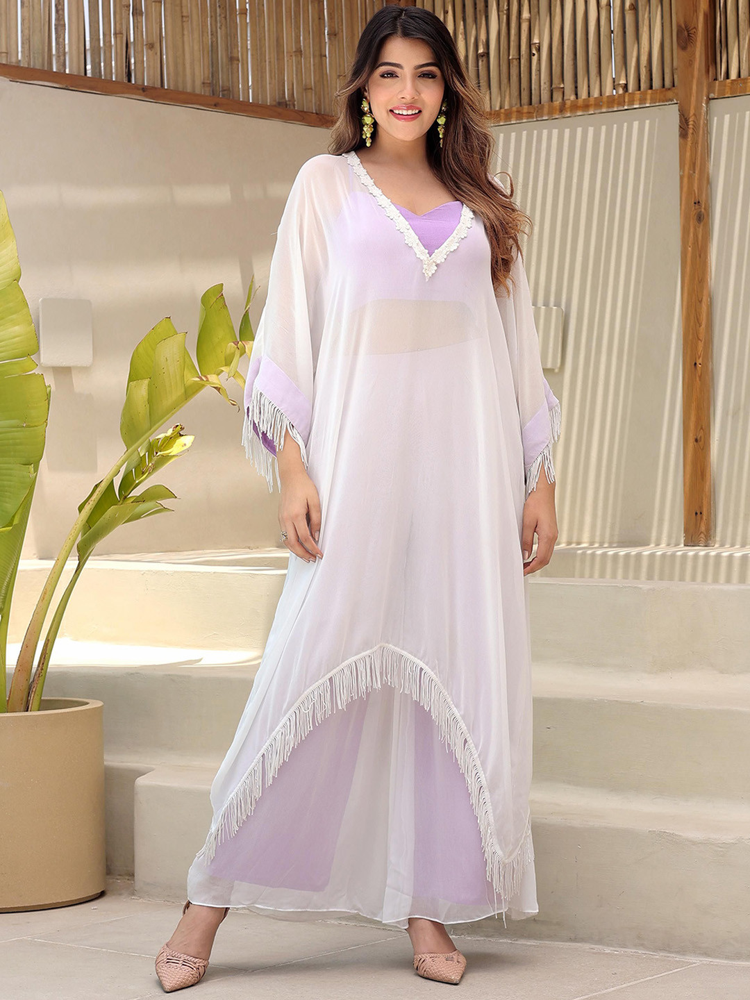 LABEL ADITI HUNDIA V-Neck Fringe Kaftan & Palazzo Co-Ord Set