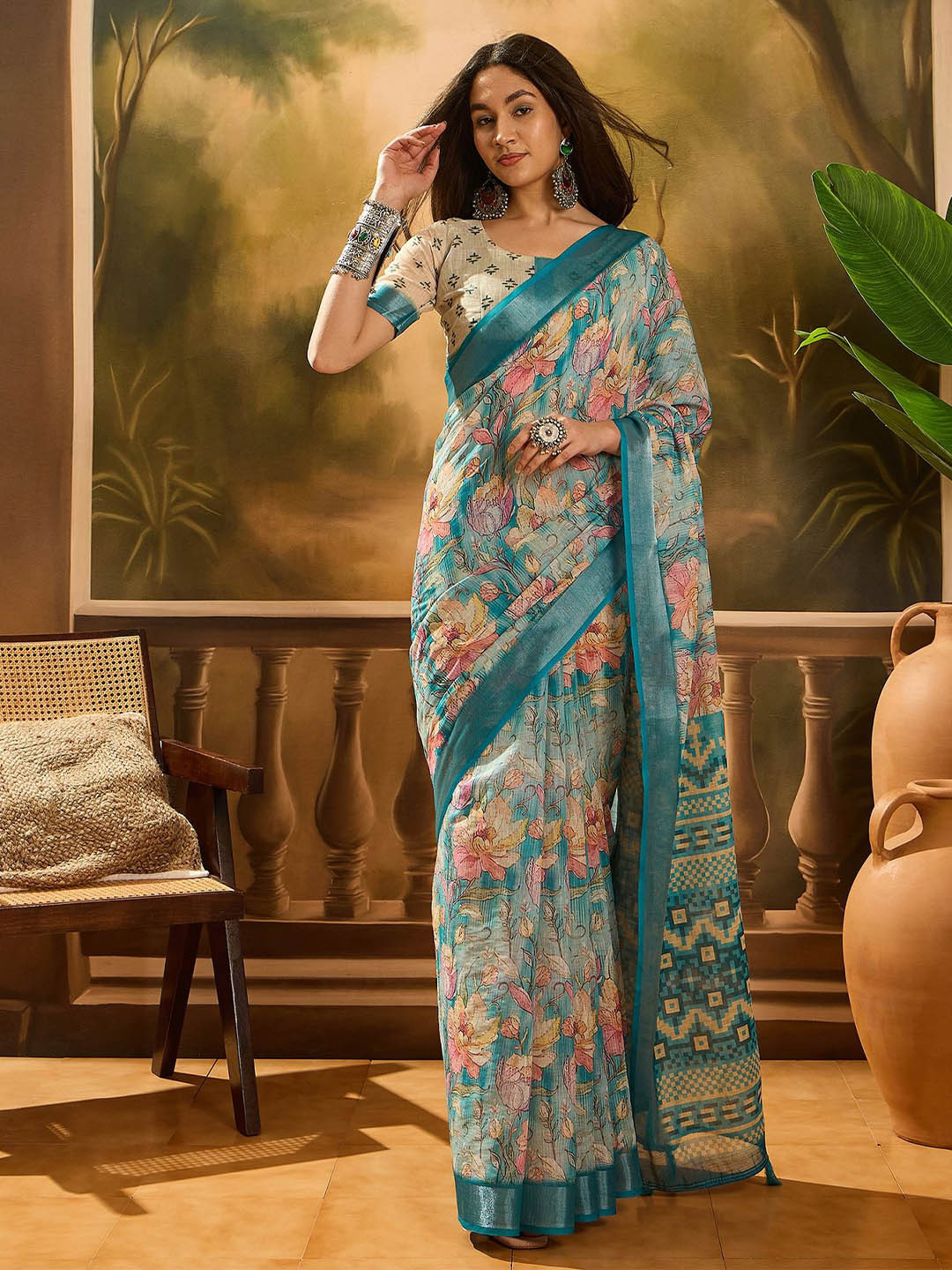 SHADOW & SAINING Women Floral Print Chanderi  Saree