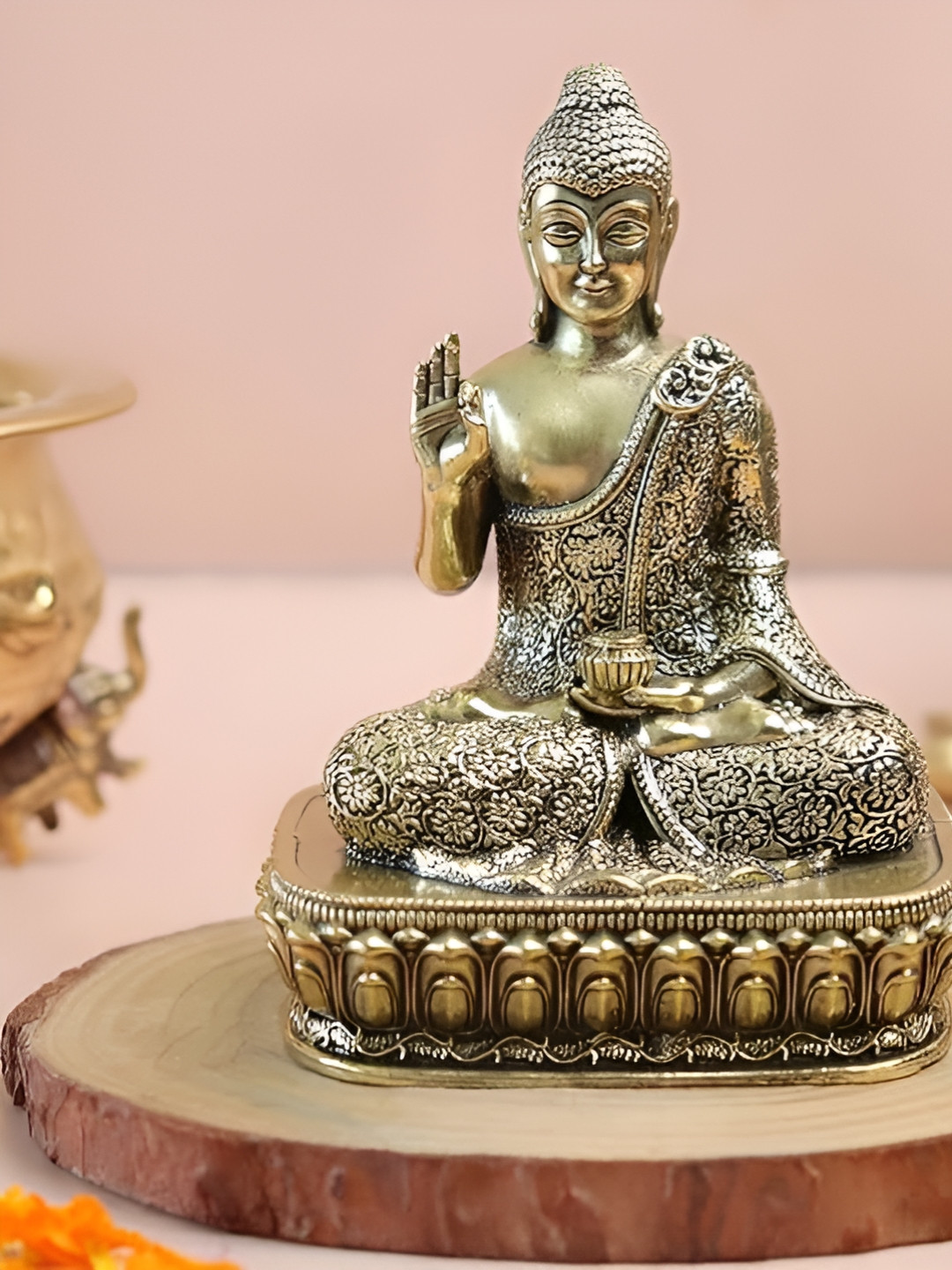 The Spiritual Living Meditating Sitting Gautam Buddha Gold Brass Metallic Prayer Room Medium Showpiece -