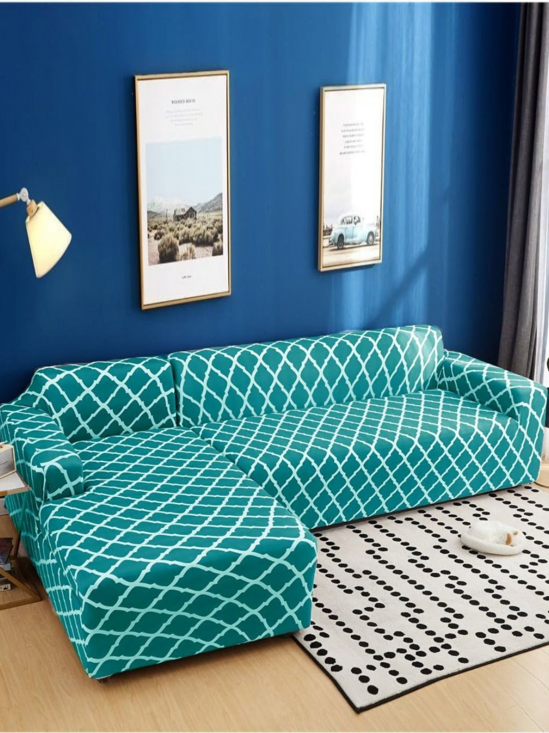 GIFTS ISLAND Teal & White 2 Pcs Printed L Shaped 6 Seater Sofa Cover With Arms