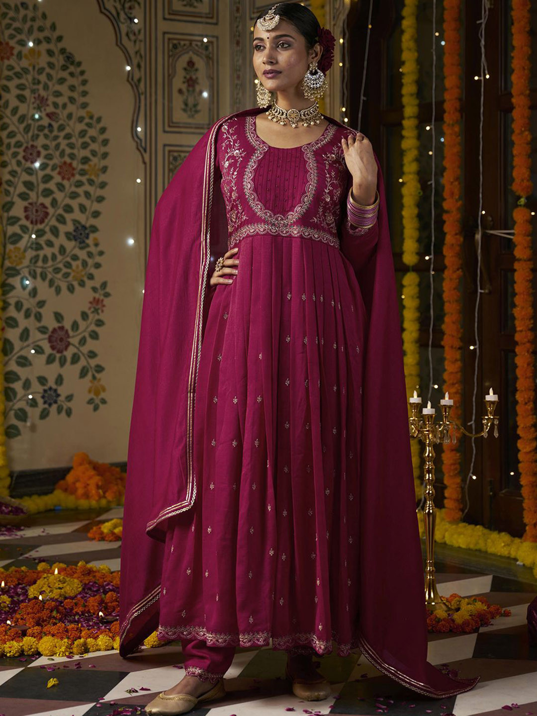 CHHAAP Women Ethnic Motifs Embroidered Pleated Sequinned Kurta with Trousers & With Dupatta