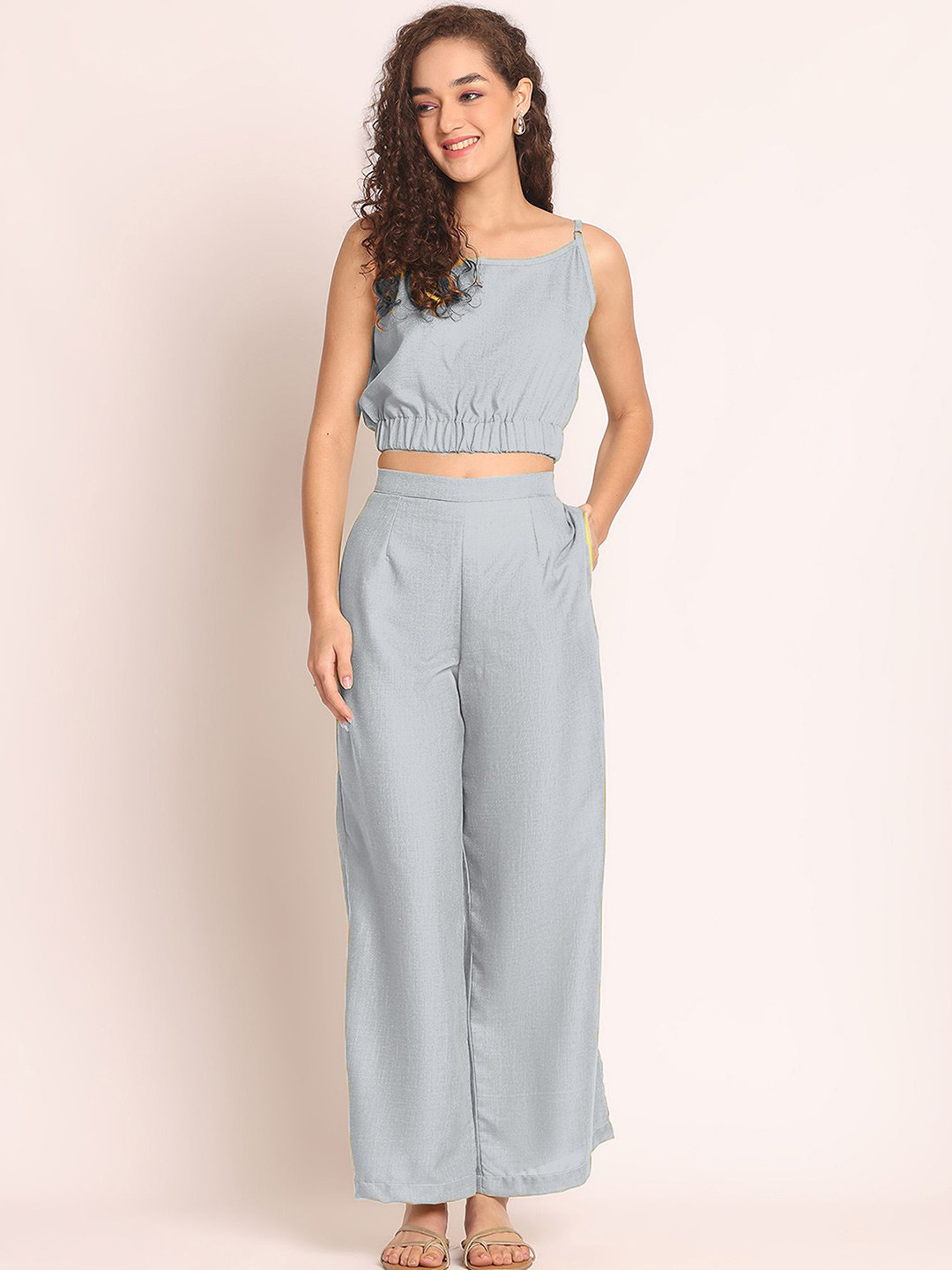 Aoba Women Light Blue Shoulder Strap Crop Top & Trousers Co-Ords