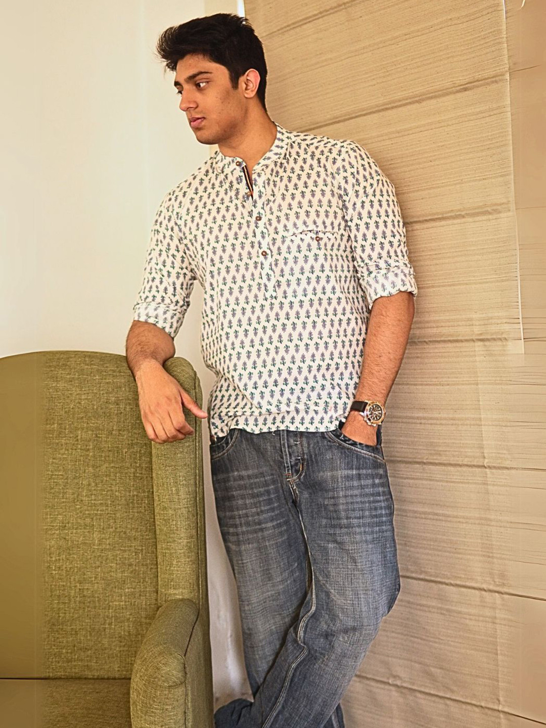 Spring Soul Men Mandarin Collar Roll-Up Sleeves Pure Cotton Shirt