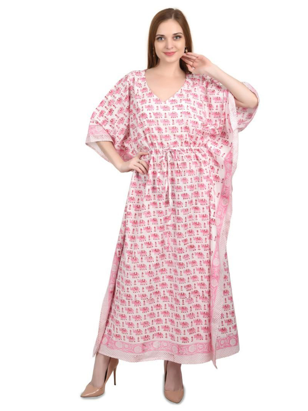 Fabric Venue Women Geometric Printed Kimono Sleeve Kaftan Maxi Dress