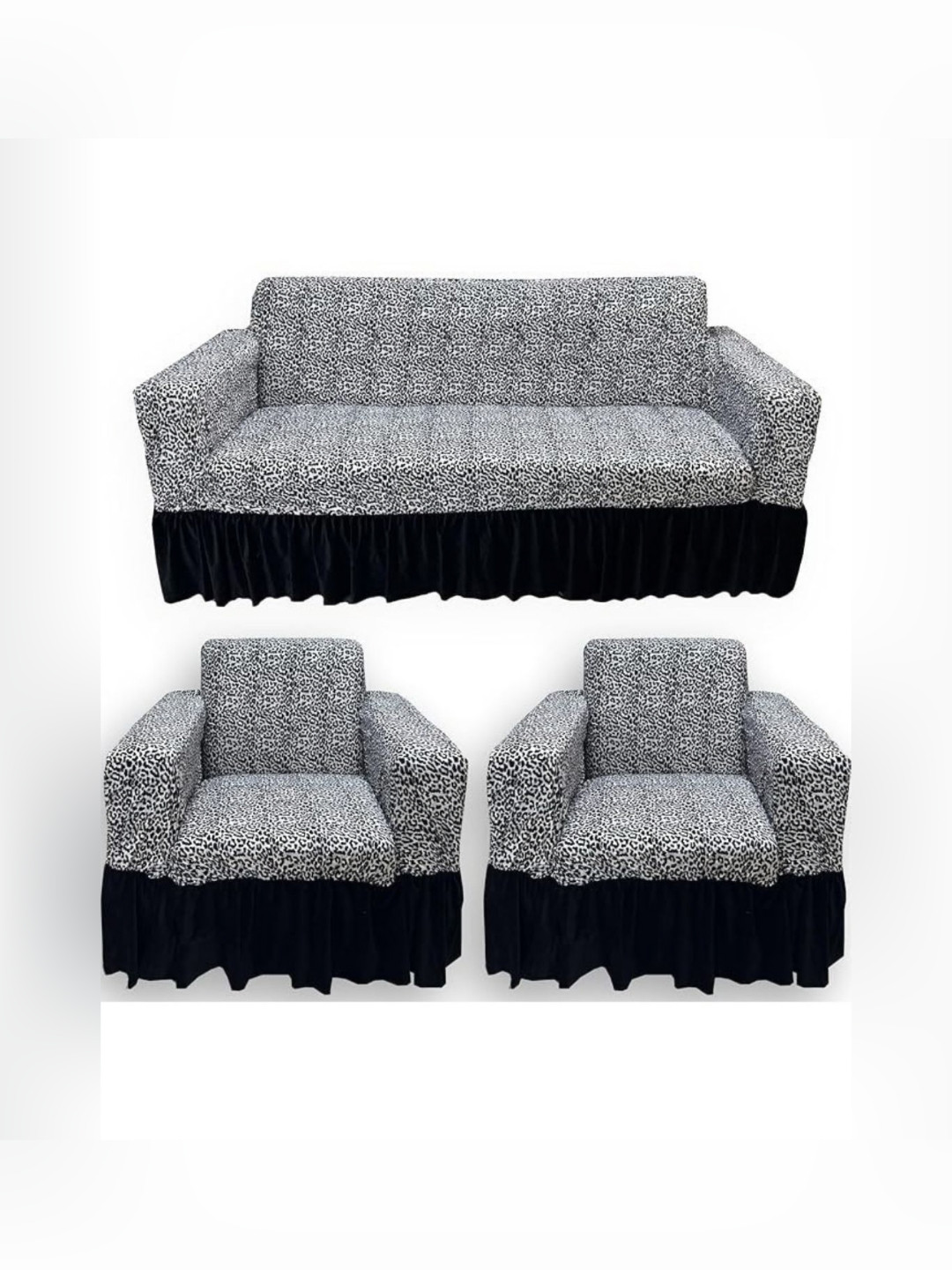 GIFTS ISLAND White & Black Printed Polyester 3 Piece Sofa Cover With Arms