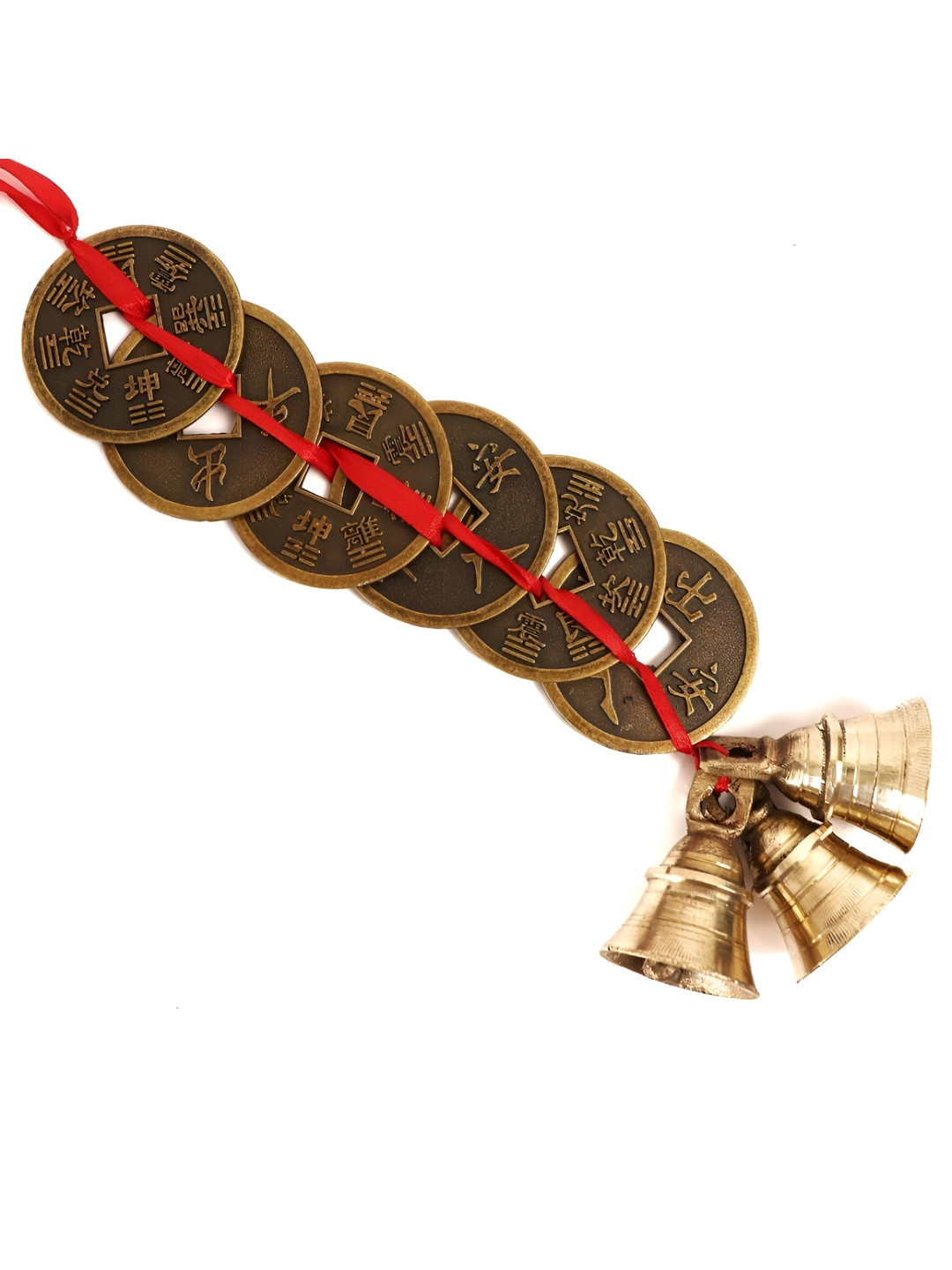 The Spiritual Living 6 Coins & 3 Bells Metal Glossy Hall Wall Hangings-12In