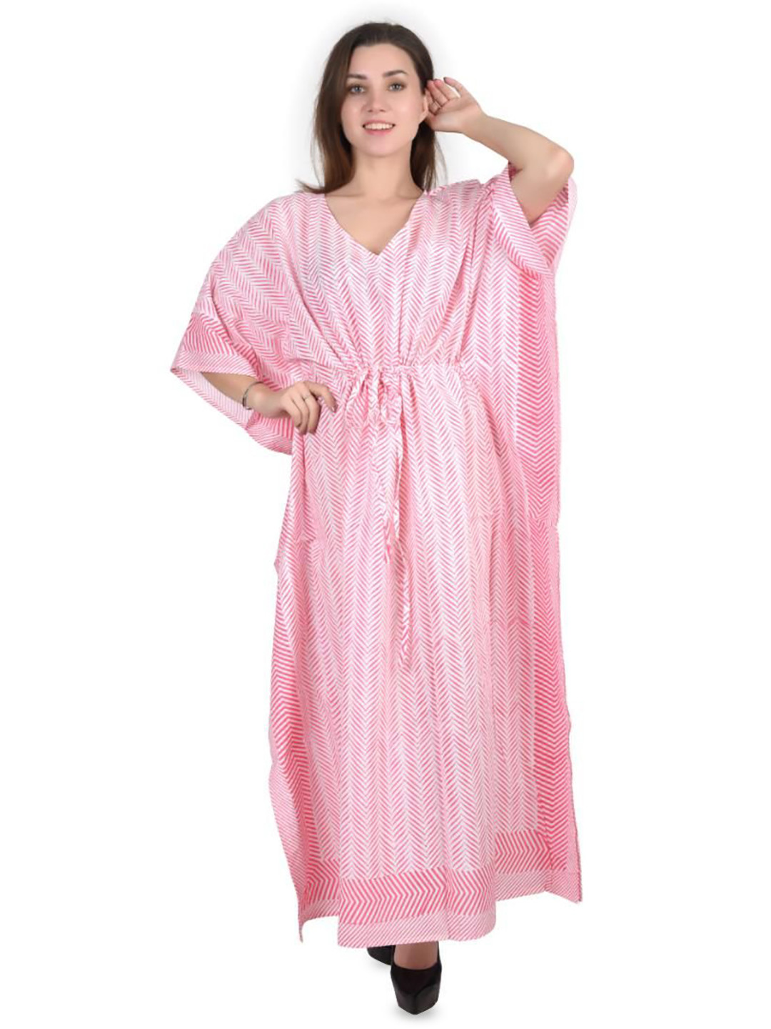 Fabric Venue cotton kaftans Women Geometric Printed Kimono Sleeve Kaftan Maxi Dress