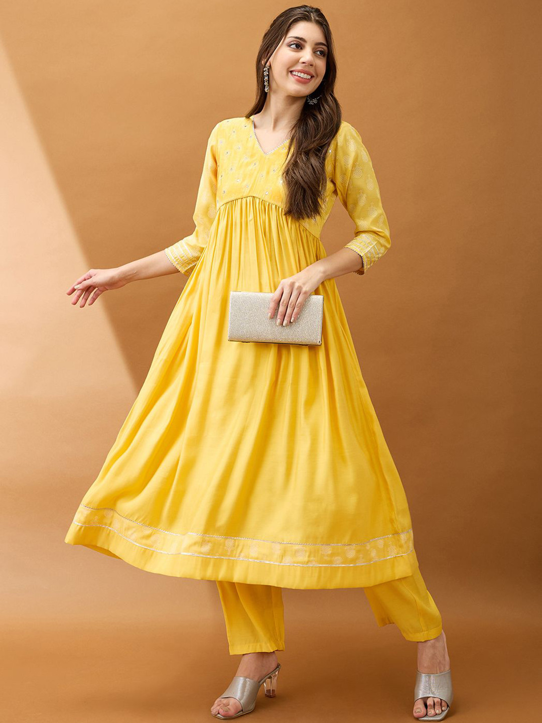 Globus Mirror Work V-Neck Gotta Lace Pleated Flared Hem A-Line Kurta With Pant Set
