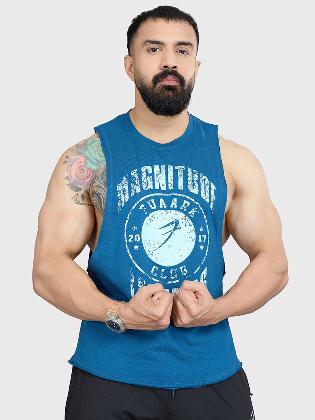 FUAARK Men Deeparm Pure Cotton Gym & Workout Tank Vest Magnitude Deep Arm Teal-S