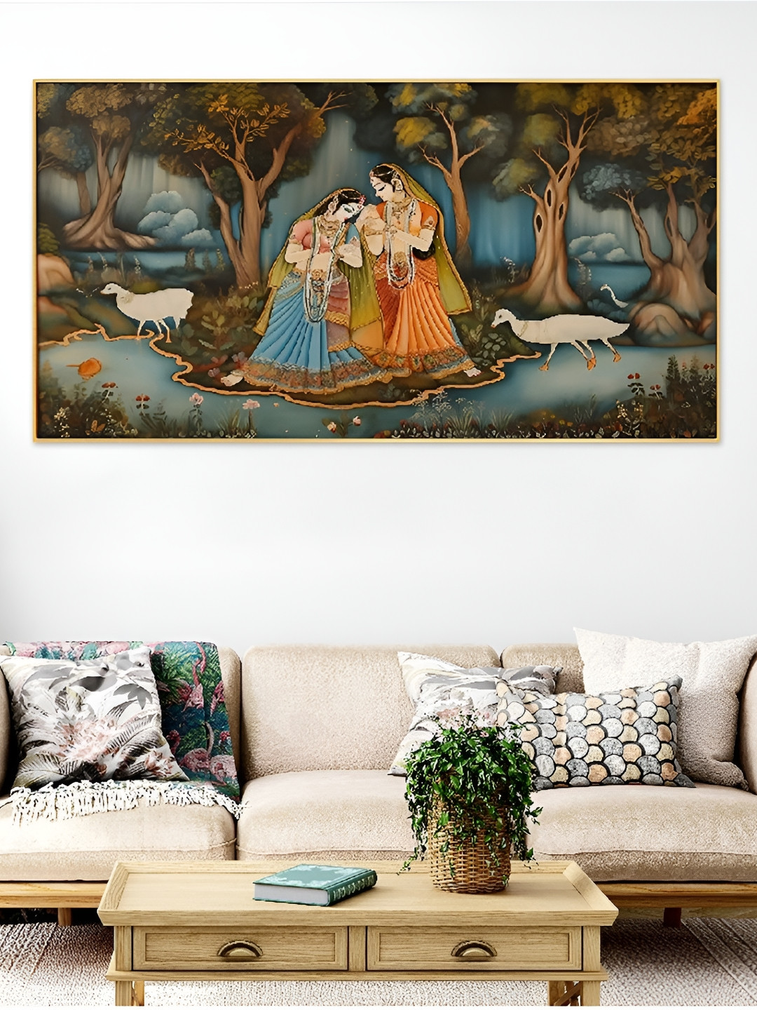 DEKORSTATION Blue & Orange Coloured Radha Krishna Printed Canvas Wall Paintings