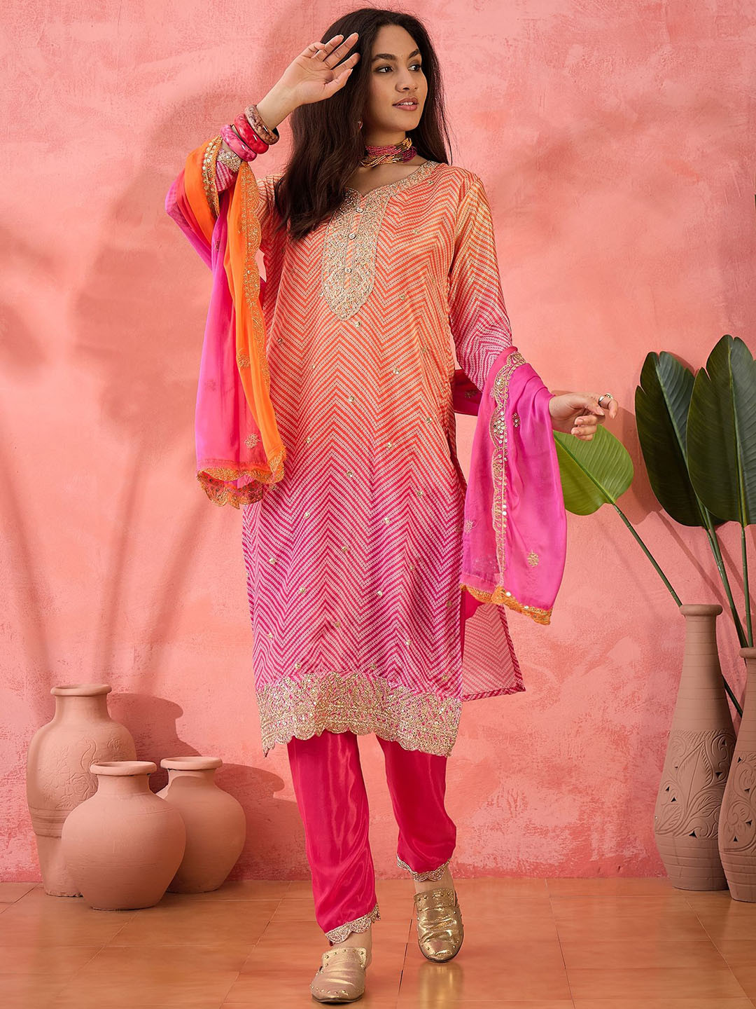Sangria Chevron Printed With Embroidered Kurta With Trousers & Dupatta
