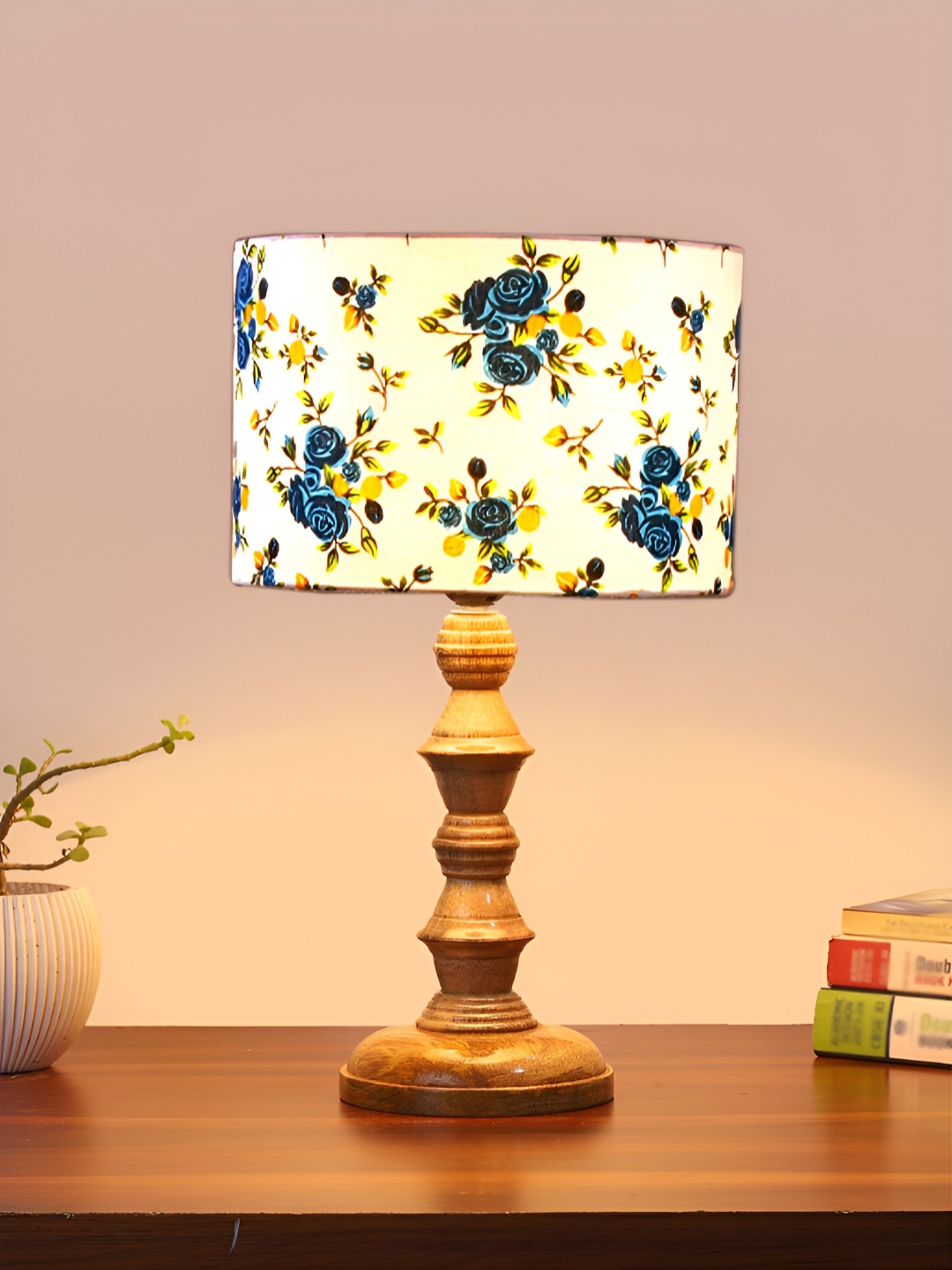 Aura Navy Blue Printed Wood Traditional Abstract Shaped Table Lamp