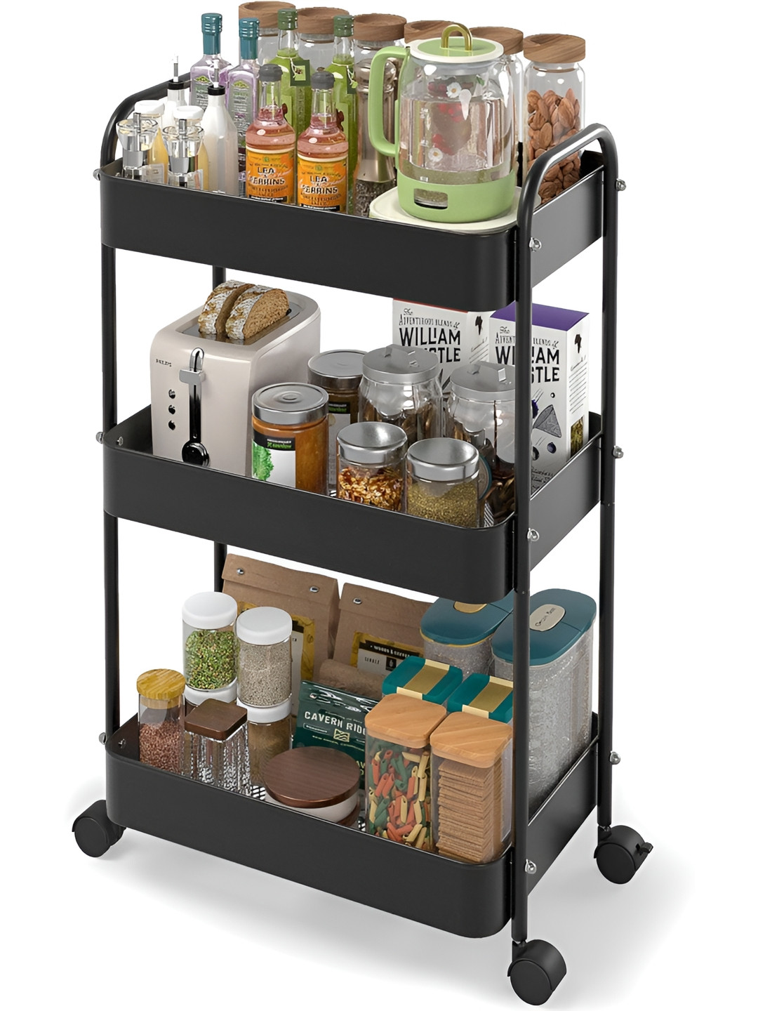 KriShyam Black Metal 3-Tier Rolling Kitchen Trolley With Wheels