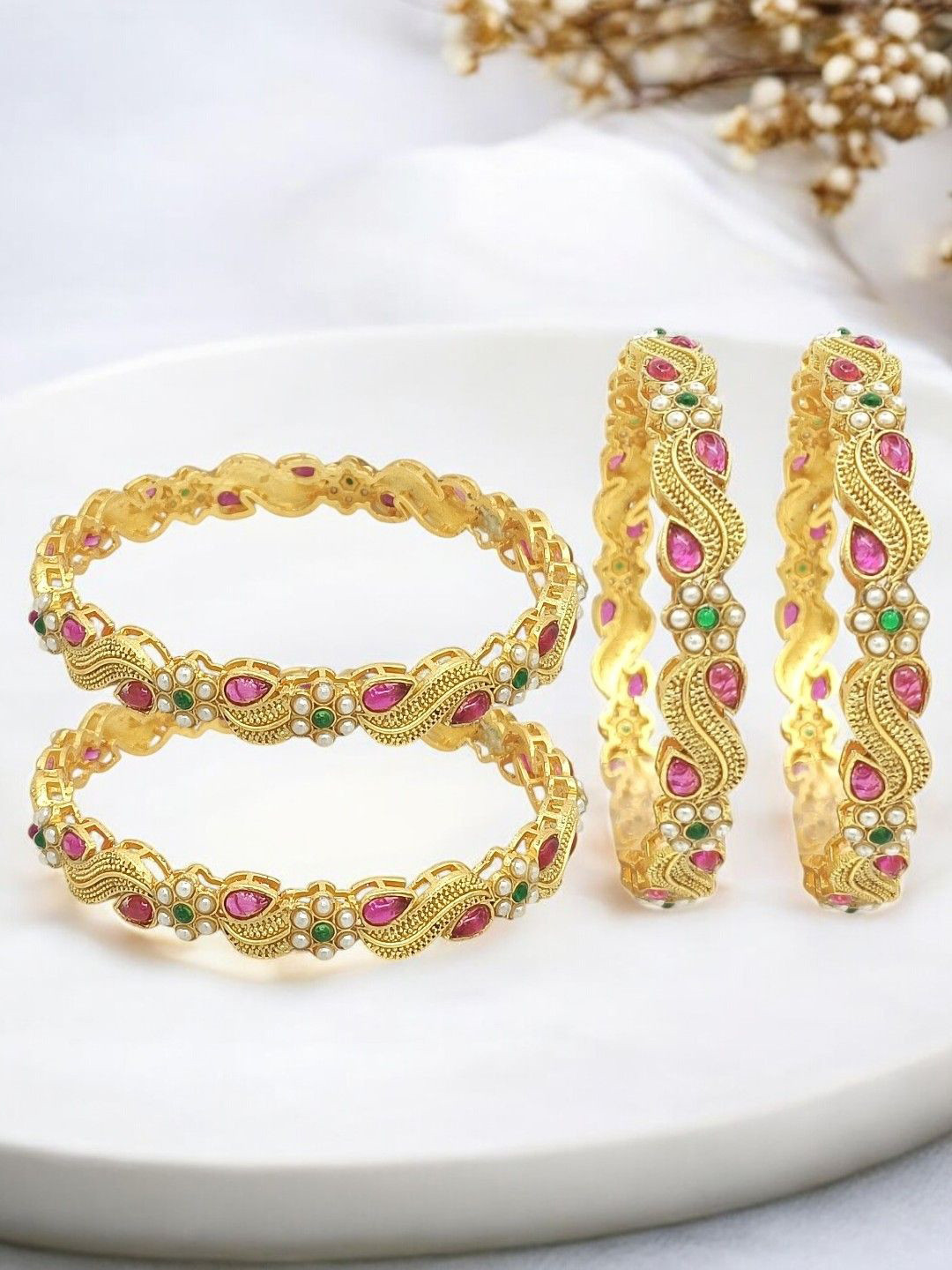 FEMMIBELLA Set Of 4 Gold-Plated Stone Studded Paisley Bangle