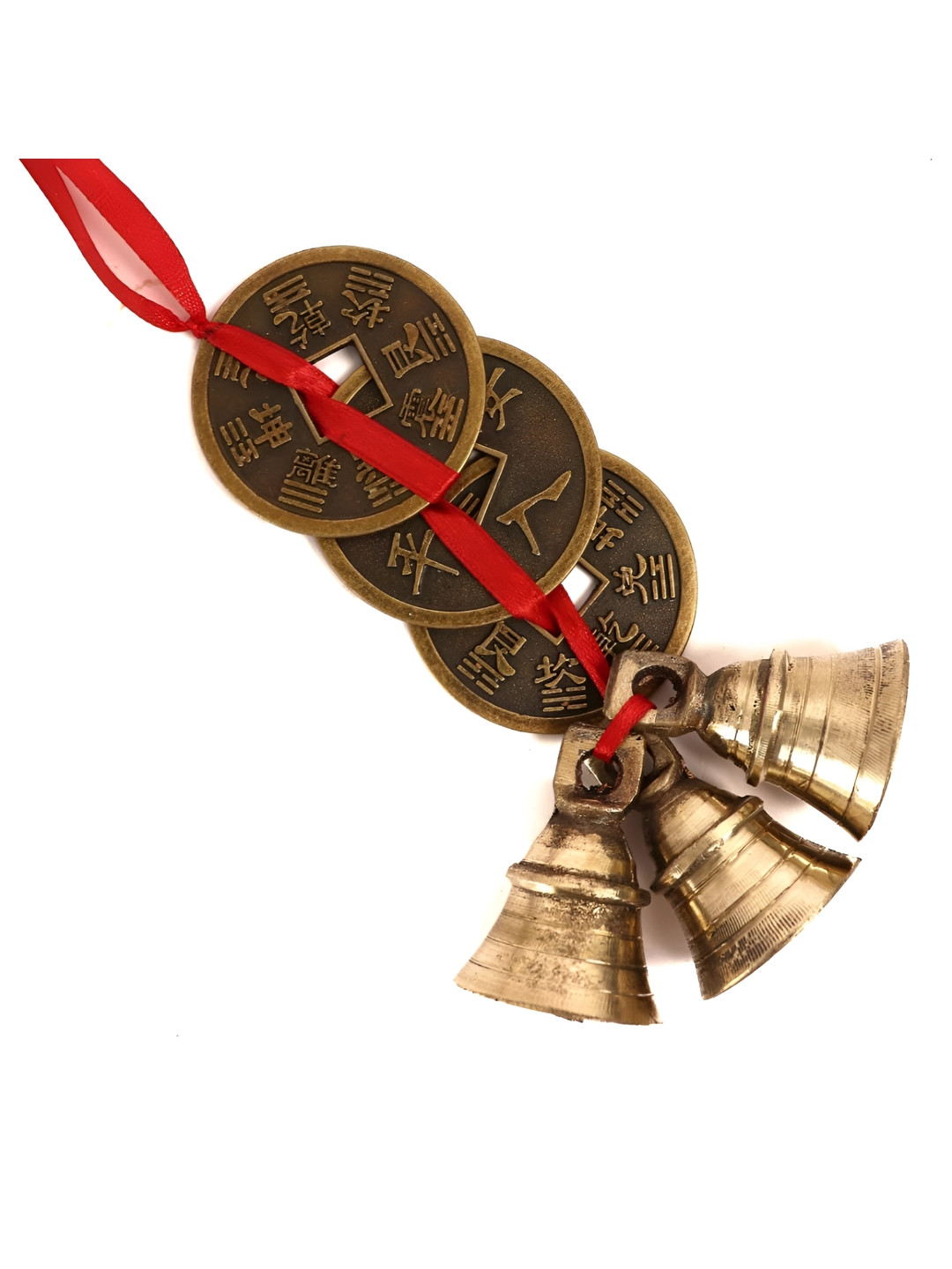 The Spiritual Living 3 Bell Three Chinese Coins Metal Glossy Hall Wall Hangings-6In