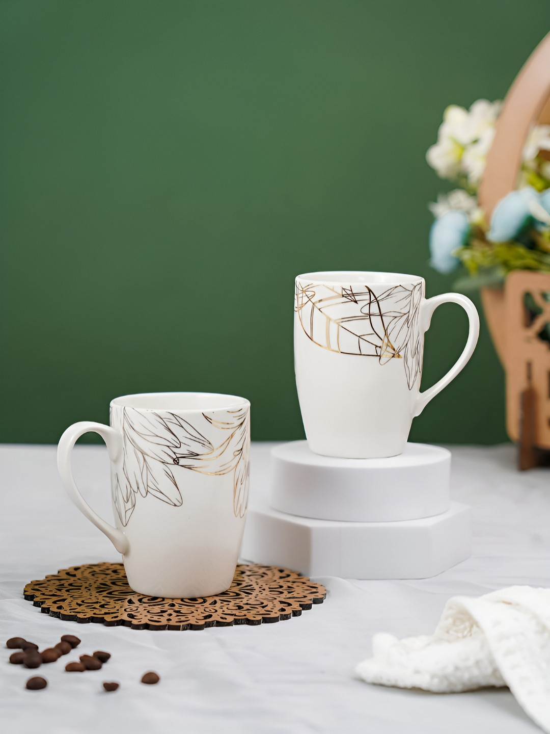 Vola Global LLP Virgo Zodiac Sign White Leaf Porcelain Handmade 2 Piece Mugs-230ml
