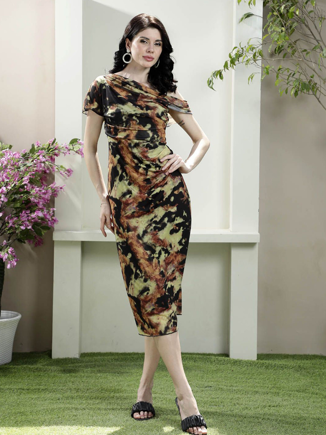 Athena Animal Print Cowl Neck Bodycon Midi Dress