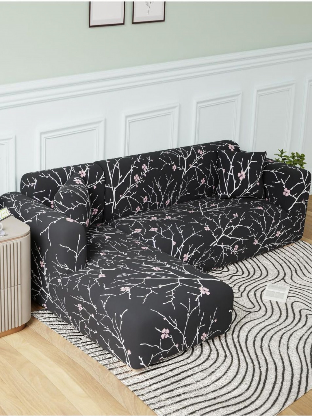 GIFTS ISLAND Black 2 Pieces Black Stem Printed 3+3 Seater L-Shape Sofa Covers With Arms