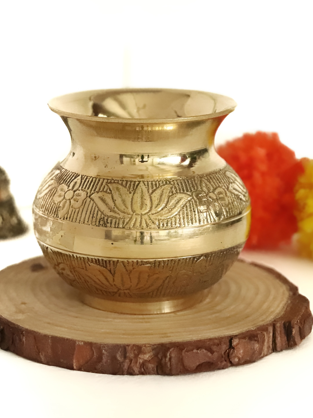 The Spiritual Living Yellow & Black Textured Brass Louts Pooja Metalware
