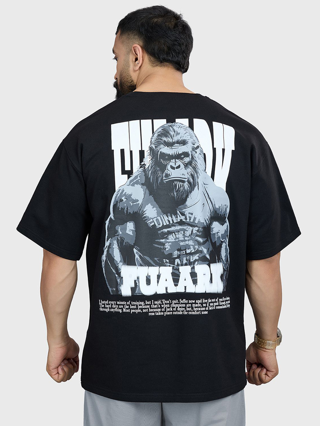FUAARK Men Gorilla 3/4 Sleeves Cotton Oversized Fit Printed Gym Workout Tshirt