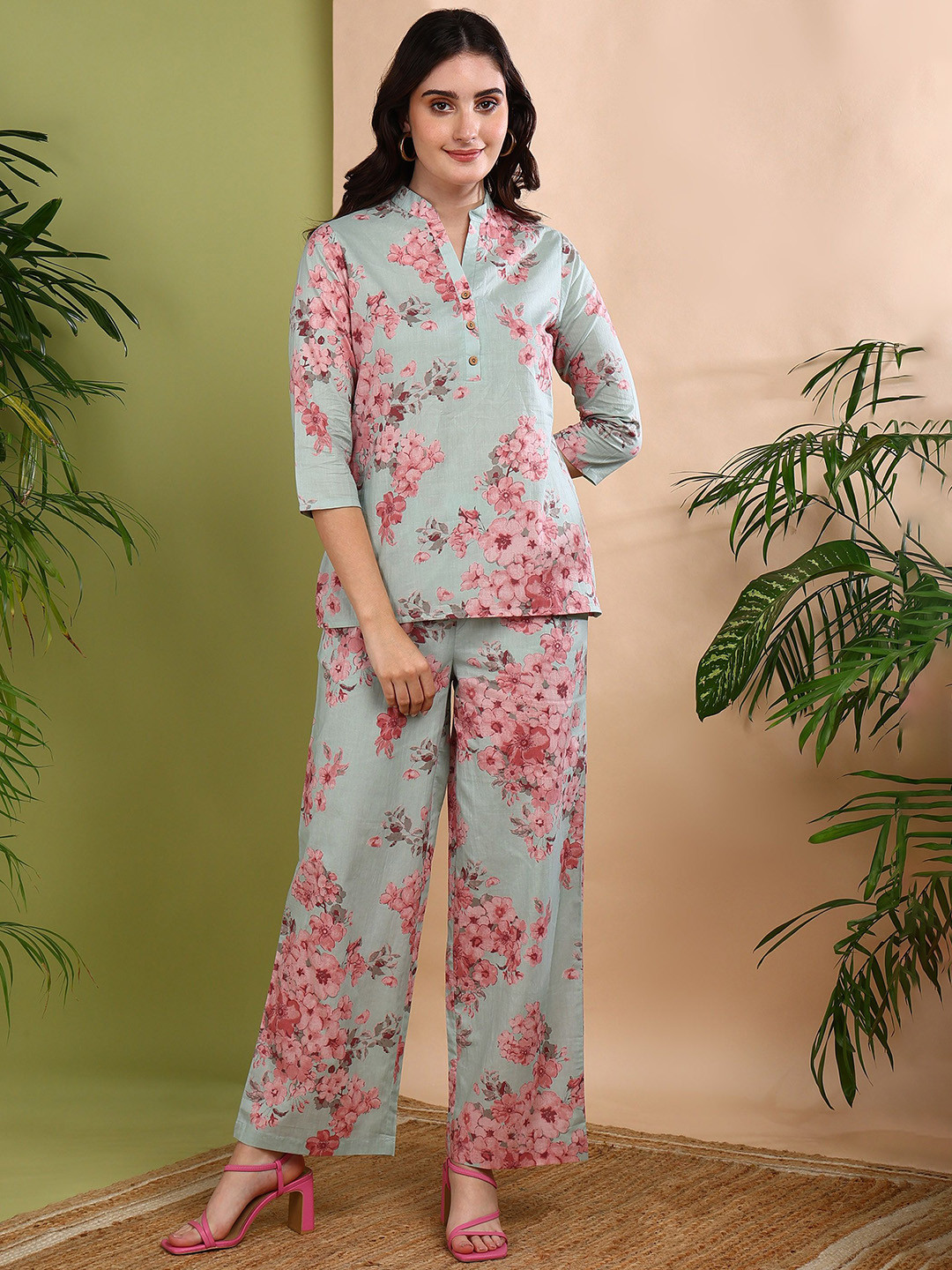 Asami Printed Pure Cotton Round Neck Tunic With Trouser Co-Ords