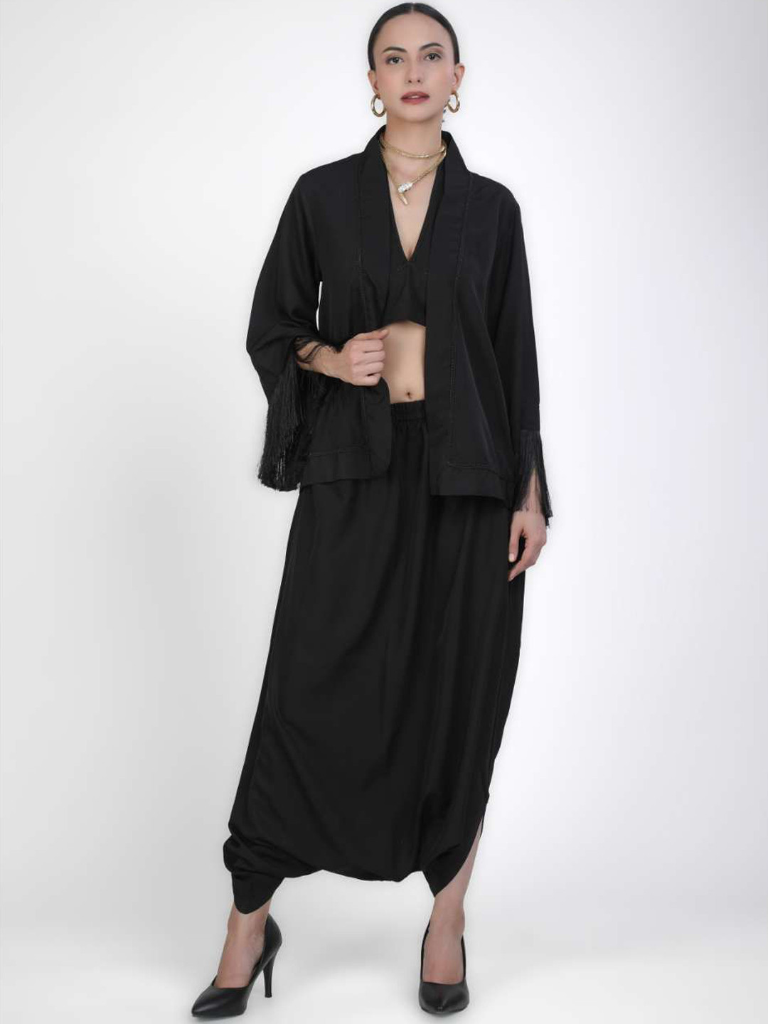 KOVET Satin V-Neck Bralette Top & Parachute Trouser With Shrug Co-Ord Set