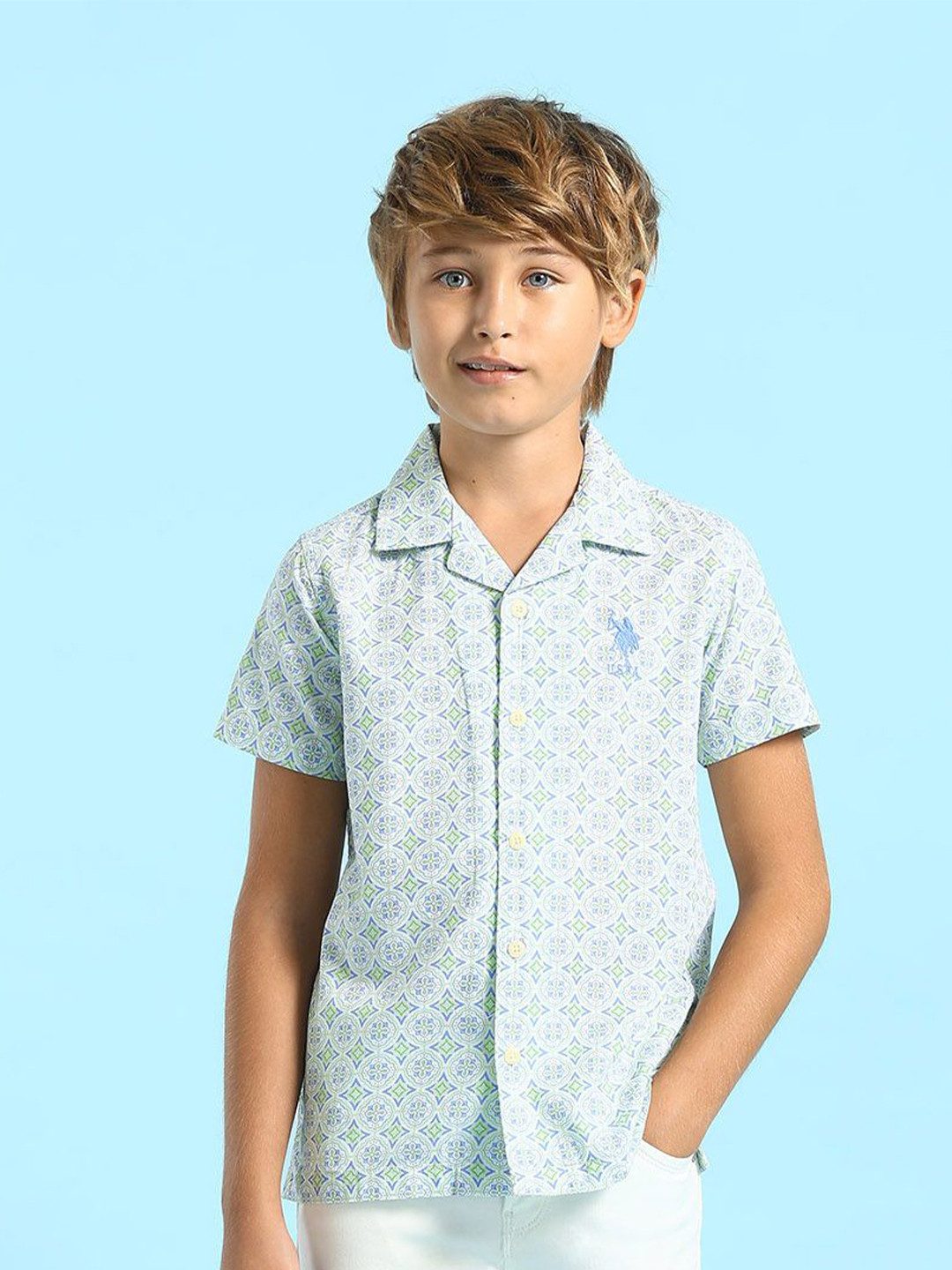 U.S. Polo Assn. Kids Boy Classic Printed Cuban Collar Relaxed Fit Casual Shirt